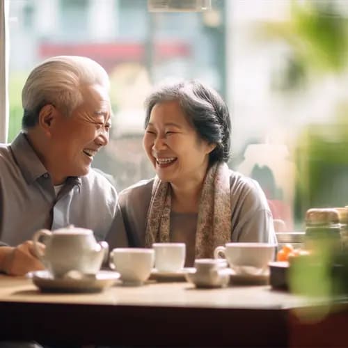 Senior Asian couple are happily laughing during tea time / Un couple de seniors asiatiques rit joyeusement à l'heure du thé