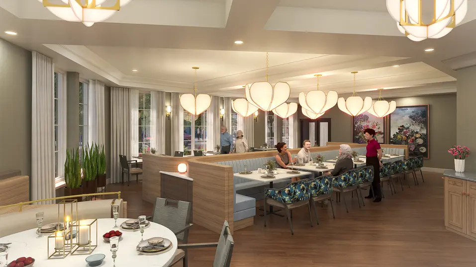 Dining room renovation rendering with banquette seating and elegant restaurant-style dining at Chartwell Martha's Landing / Rendu de rénovation de la salle à manger avec banquettes et espace repas élégant de style restaurant à Chartwell Martha's Landing