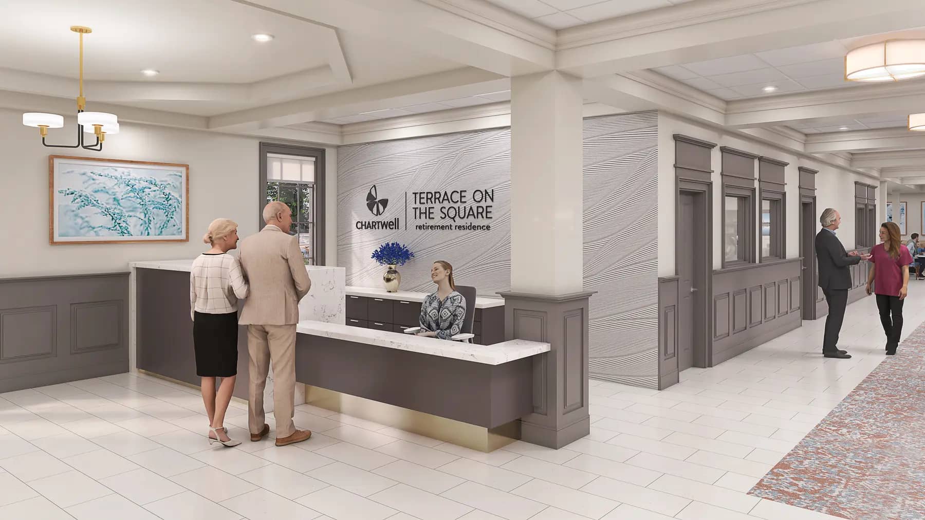 Reception area renovation rendering with welcome desk and modern finishes at Chartwell Terrace on the Square / Rendu de rénovation de l’aire de réception avec comptoir d’accueil et finitions modernes à Chartwell Terrace on the Square
