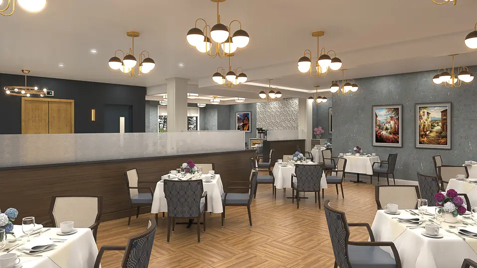 Dining room renovation rendering with new lighting and seating at Chartwell Avondale / Rendu de rénovation de la salle à manger avec nouvel éclairage et sièges à Chartwell Avondale