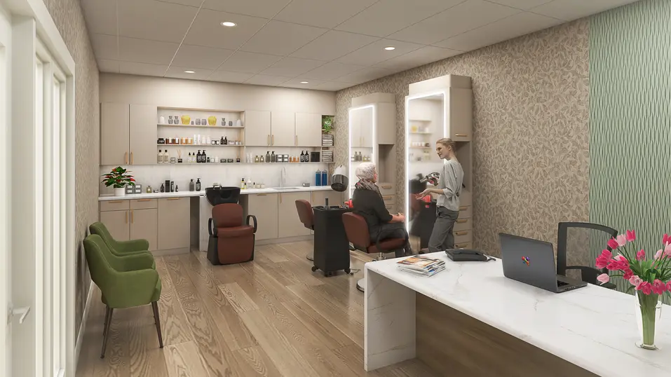 Hair salon renovation rendering with styling stations and reception desk at Chartwell Georgian Traditions / Rendu de rénovation du salon de coiffure avec postes de stylisme et comptoir d’accueil à Chartwell Georgian Traditions