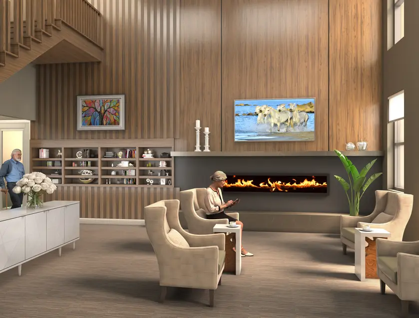 Renovation rendering of lobby area at Chartwell Thunder Bay / Rendu de la rénovation du hall d'entrée du Chartwell Thunder Bay