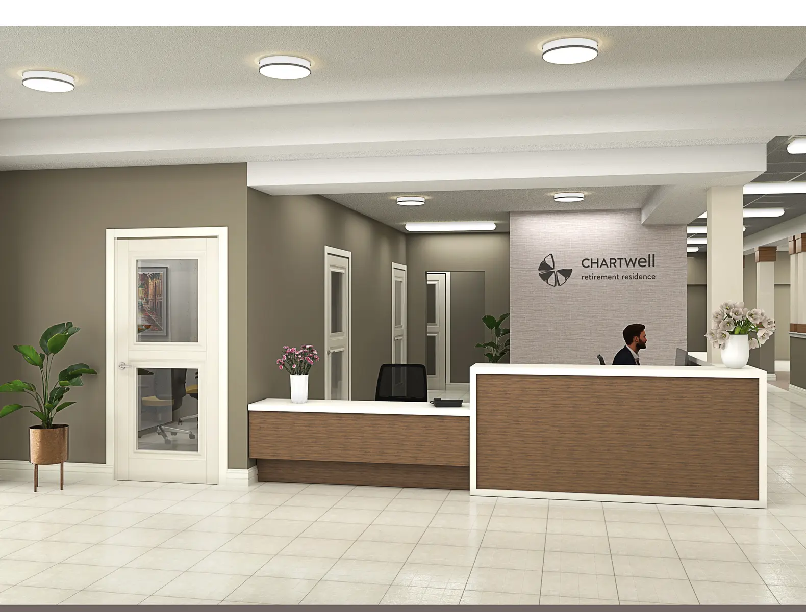 Renovation rendering of reception area at Chartwell Thunder Bay / Rendu de la rénovation de la zone d'accueil à Chartwell Thunder Bay