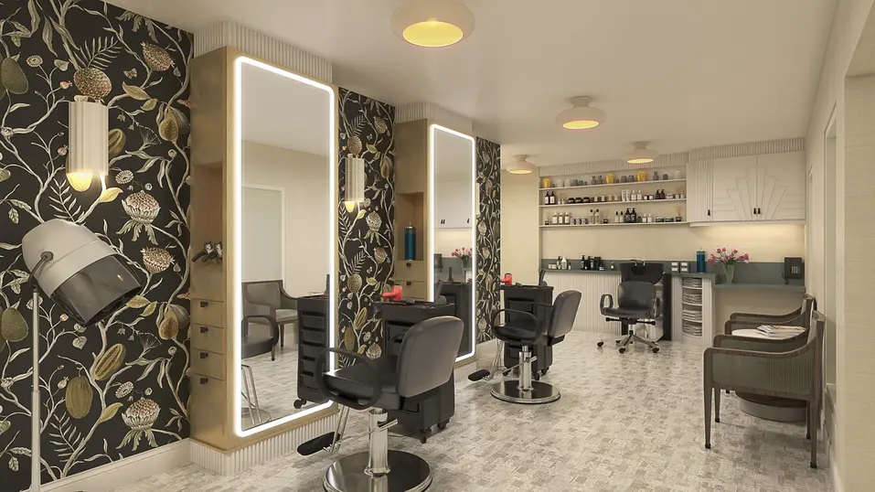 Hair salon renovation rendering with styling stations at Chartwell Avondale / Rendu de rénovation du salon de coiffure avec postes de stylisme à Chartwell Avondale