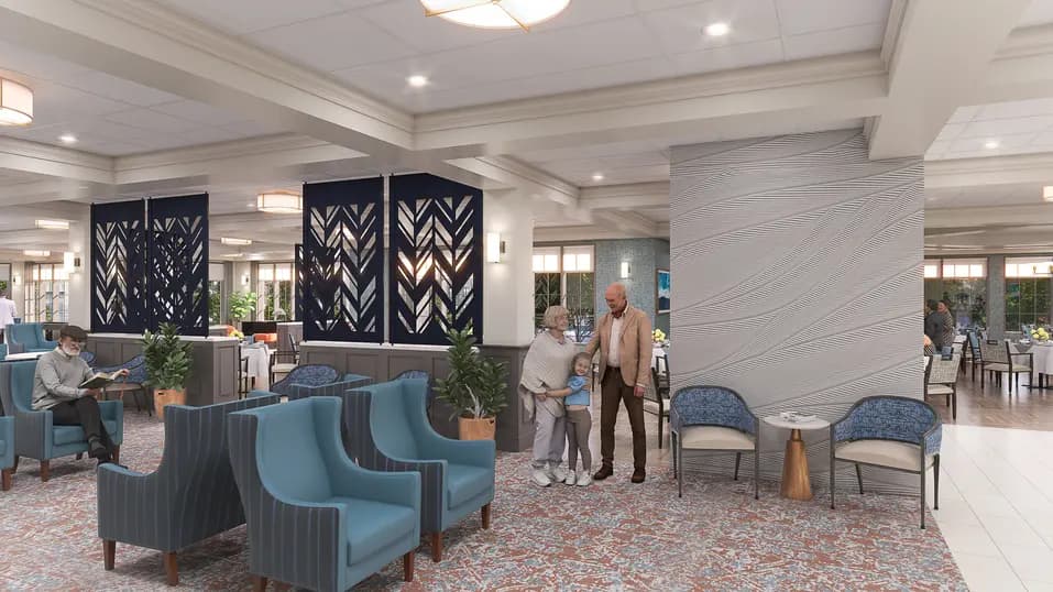 Social lounge renovation rendering with fireplace, games area and comfortable seating at Chartwell Terrace on the Square / Rendu de rénovation du salon social avec foyer, espace de jeux et sièges confortables à Chartwell Terrace on the Square