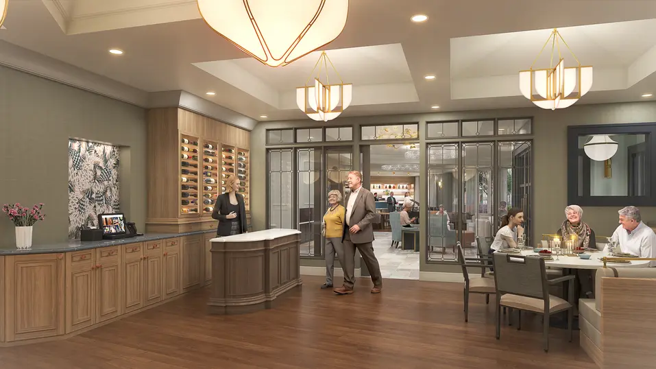Dining room renovation rendering with wine display and restaurant-style seating at Chartwell Martha's Landing / Rendu de rénovation de la salle à manger avec présentoir à vin et sièges de style restaurant à Chartwell Martha's Landing