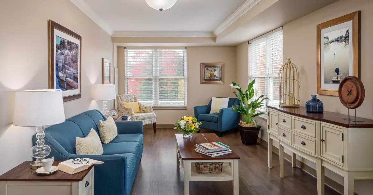 1 bedroom suite living room at chartwell harwood retirement residence