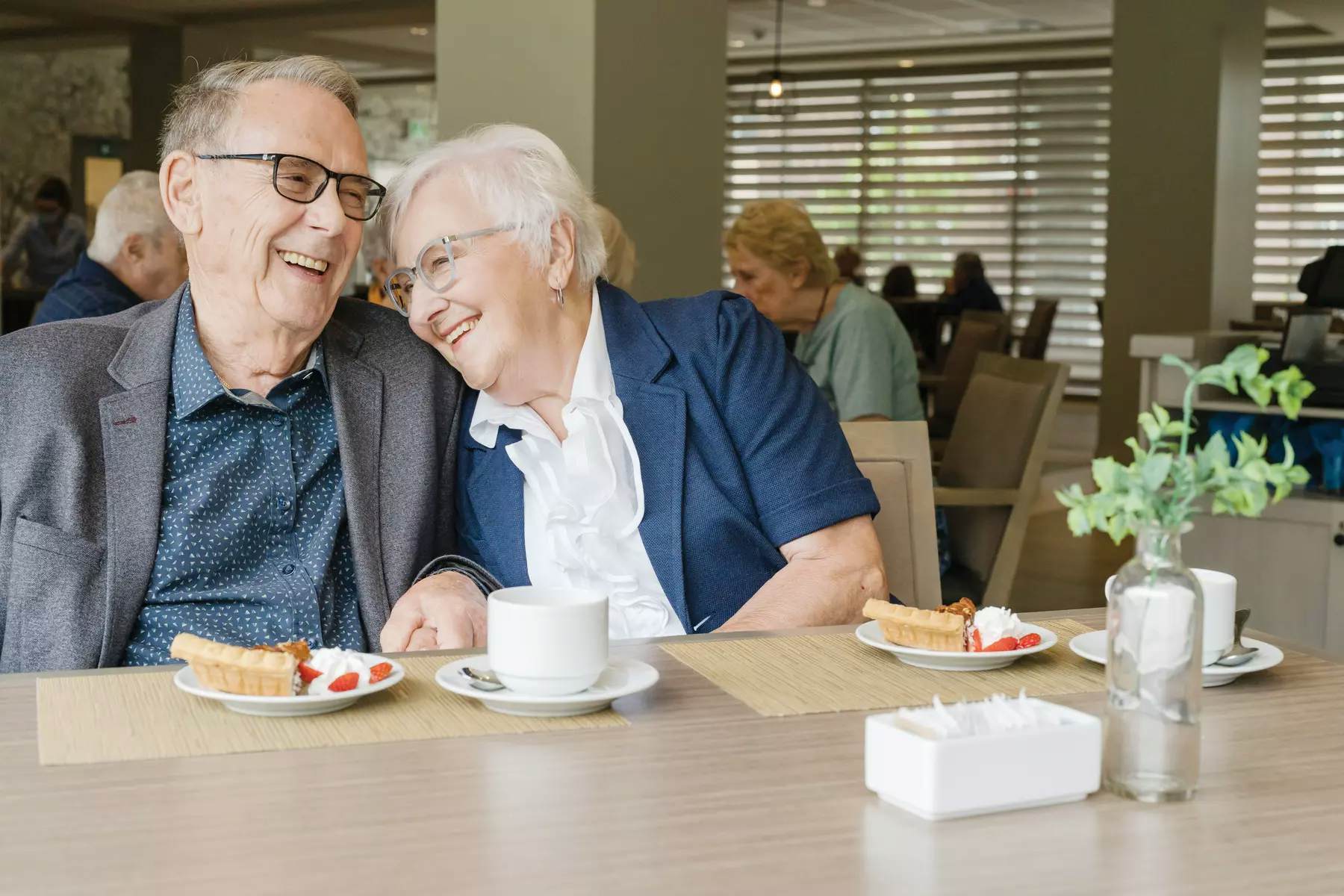 Senior couple laughing at dinner. Couple de seniors riant au cours d'un dîner.