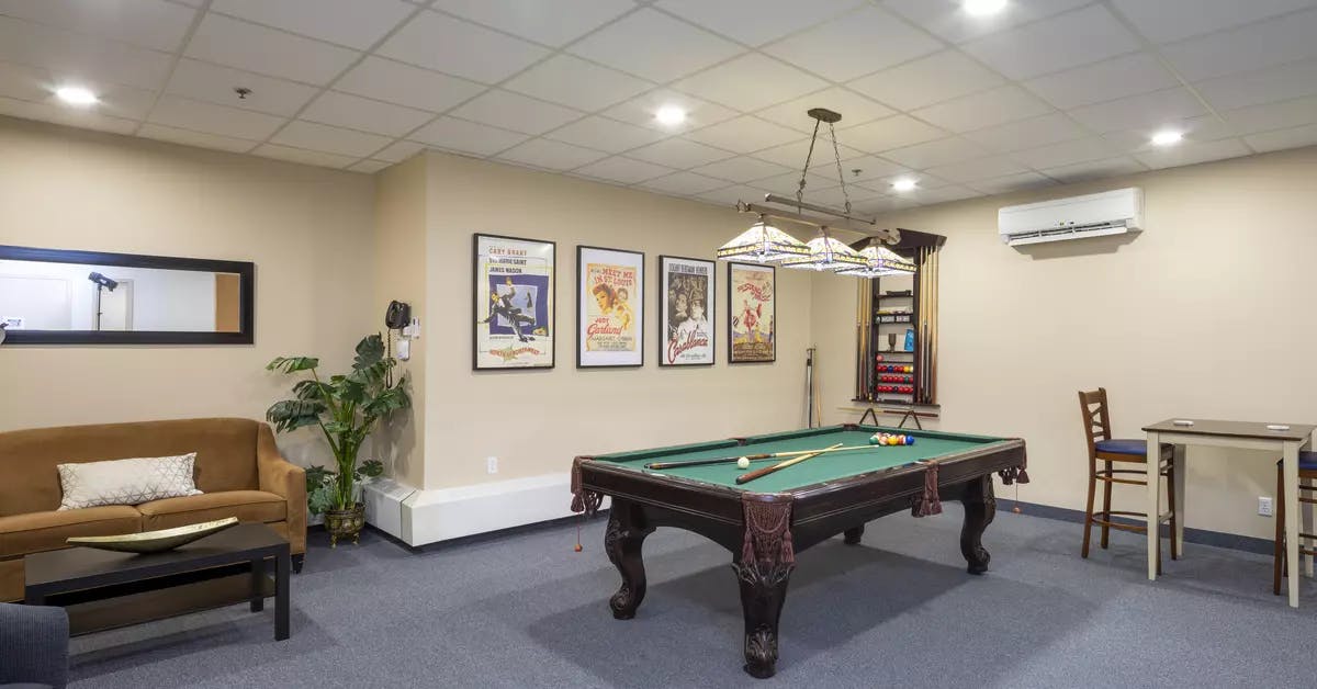 billiards room at chartwell pickering city centre retirement residence
