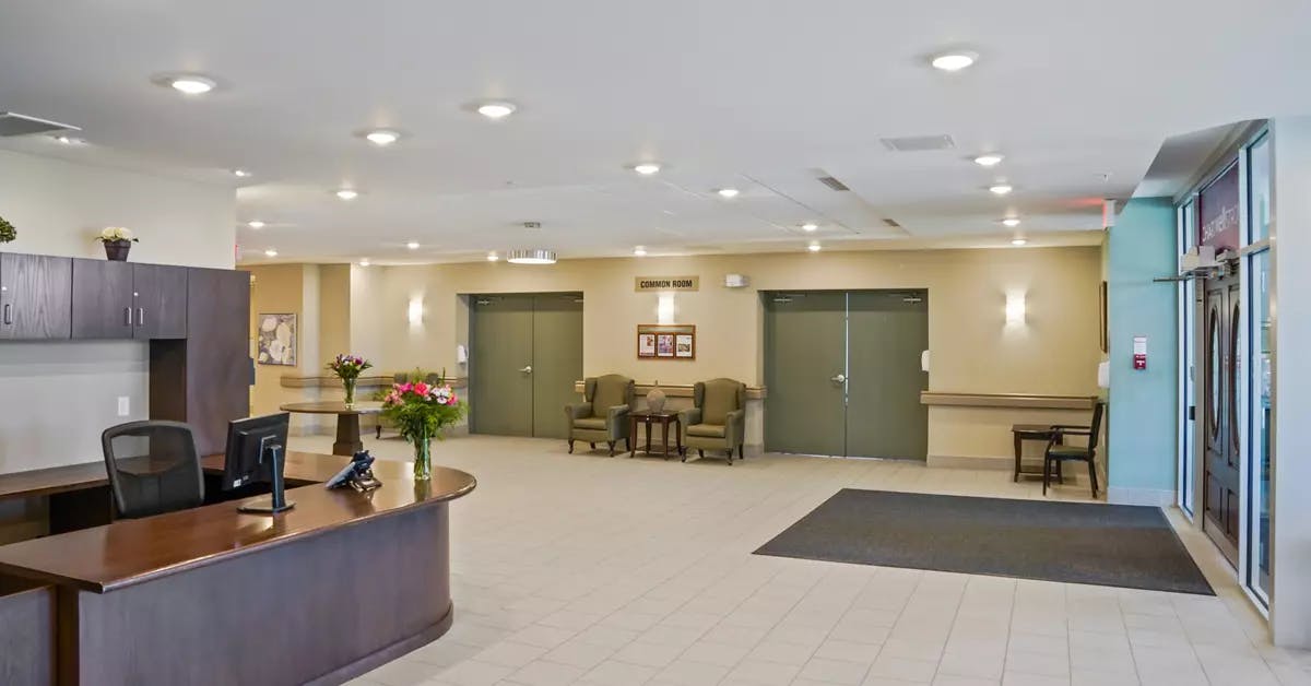 lobby and reception at chartwell heritage valley retirement residence