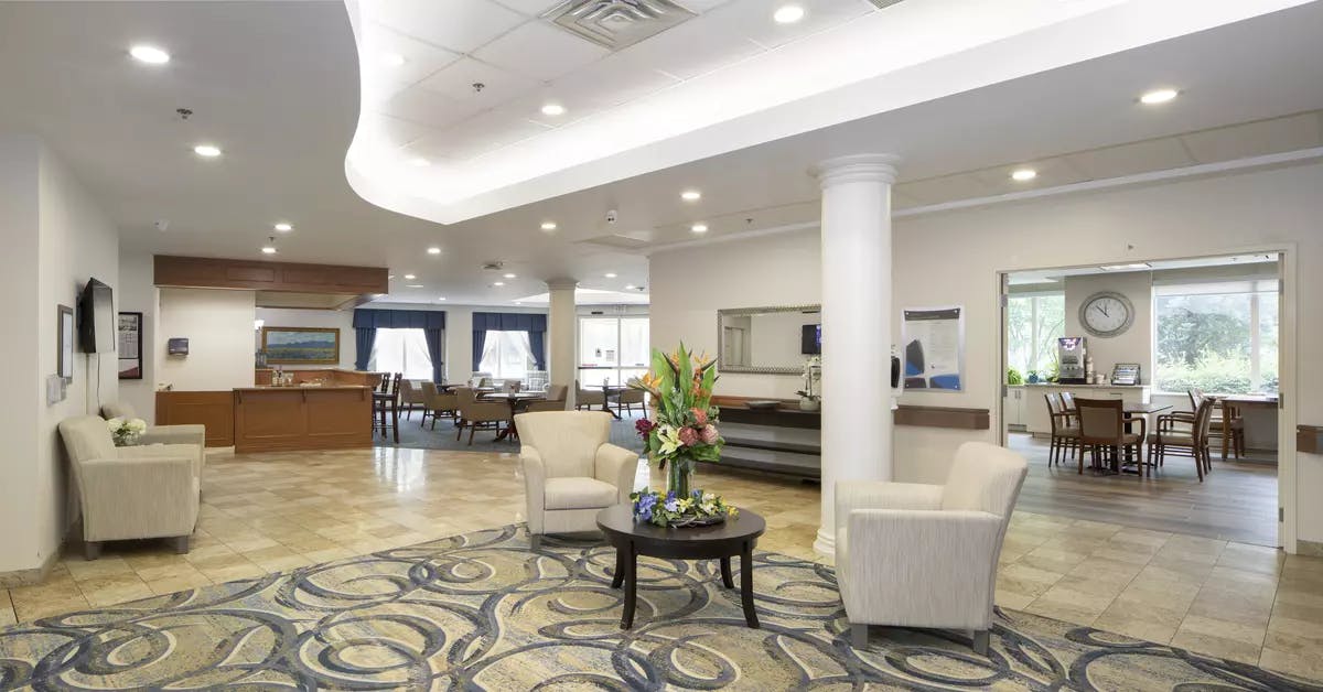 open concept lobby at chartwell pickering city centre retirement residence