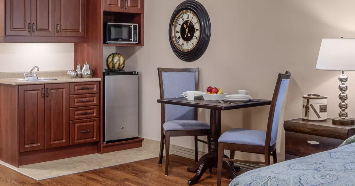 Suite kitchenette at Chartwell Park Place Retirement Residence. 