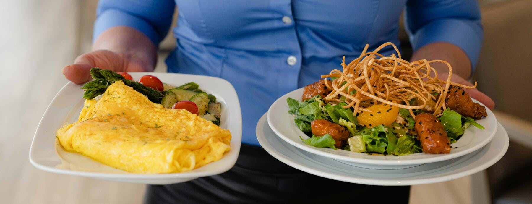 Dining Options of Omlette and Mandarine Chicken Salad
