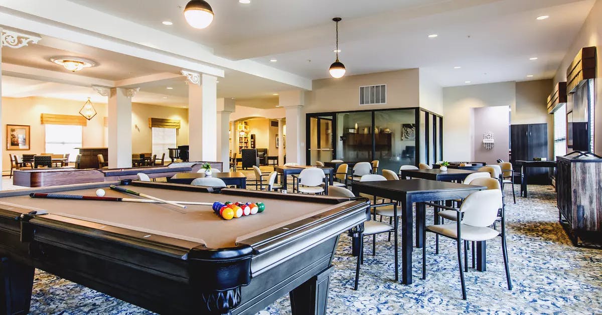pool table and games lounge at chartwell hawthorn retirement residence