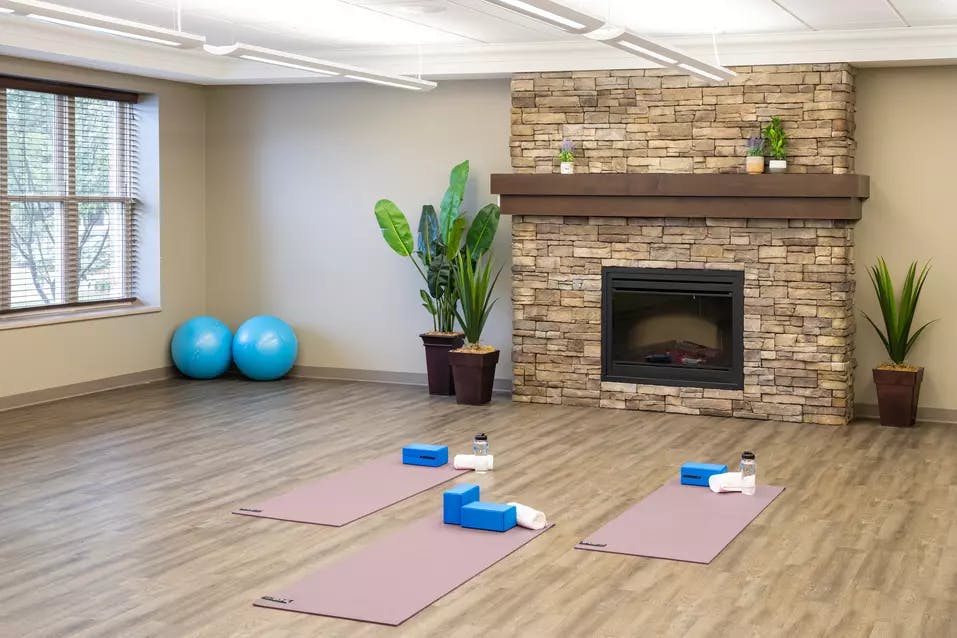 Fitness room for yoga classes at Chartwell Balmoral Retirement Community.